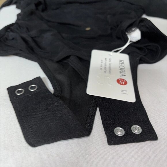 Womens Sexy Sheer Mesh Black Long-Sleeve Mock Turtleneck Bodysuit Reoria Medium - Picture 7 of 9